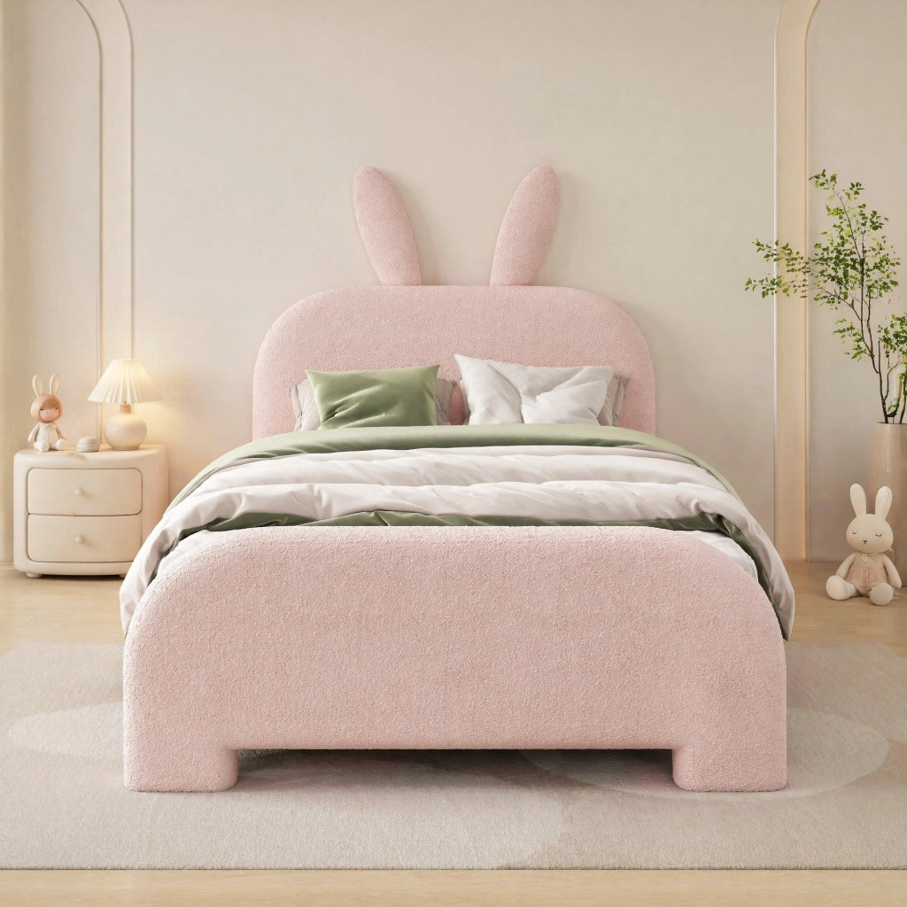 Letto per bambini 90x200 cm rosa con testiera coniglio e 2 cassetti