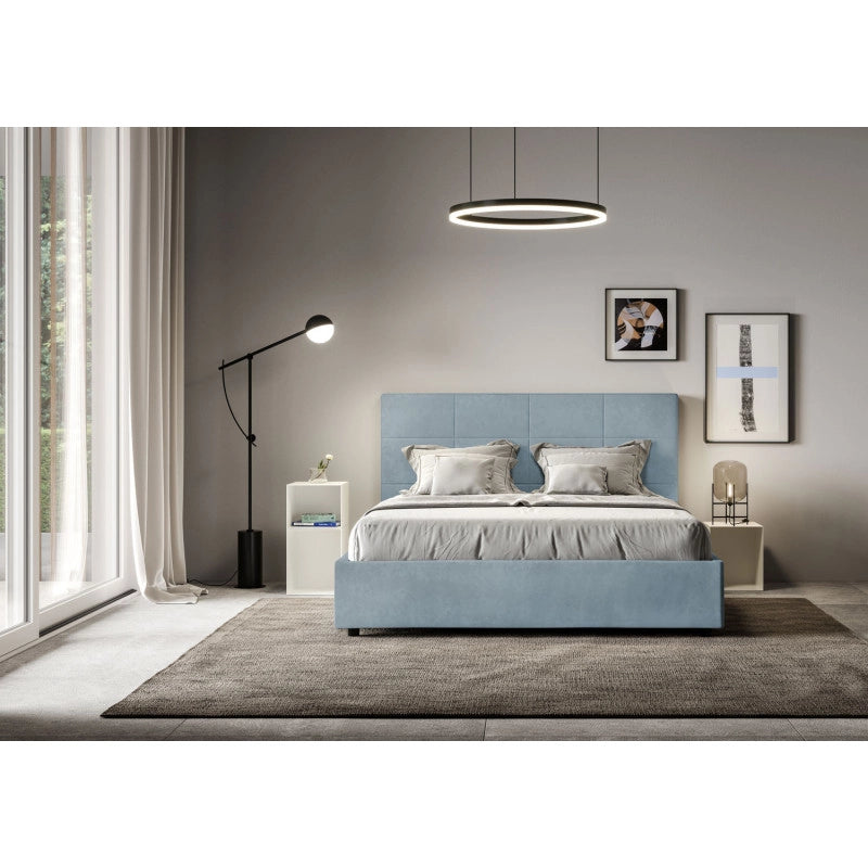 Letto imbottito Letto Matrimoniale alla Francese 150x190 cm Mika - Contenitore,Microfibra,Azzurro