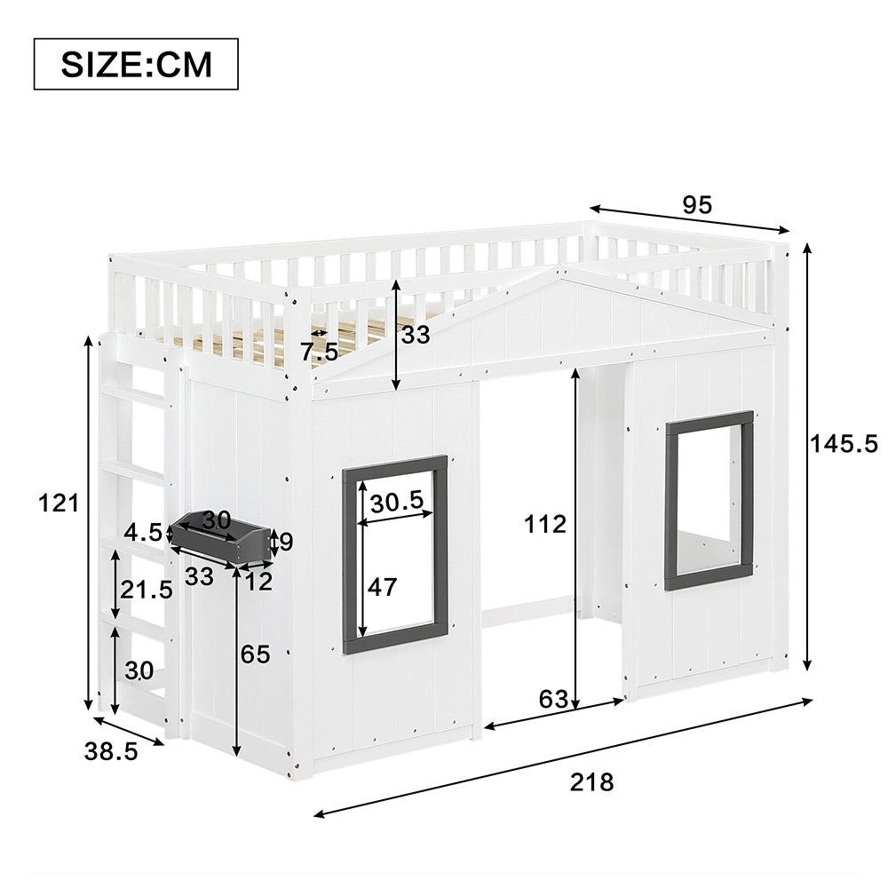Letto a Castello Casa Bambini – Xylo – 90x200cm, Scala, Protezione Anti-Caduta, Finestra, Letto Inferiore Libero, Bianco