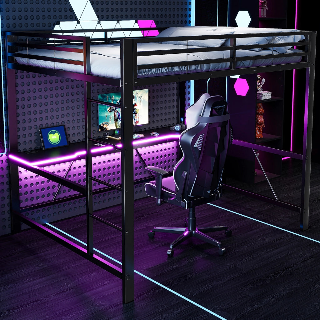 Letto a soppalco 160x200 in metallo con scrivania integrata e luci LED; nero