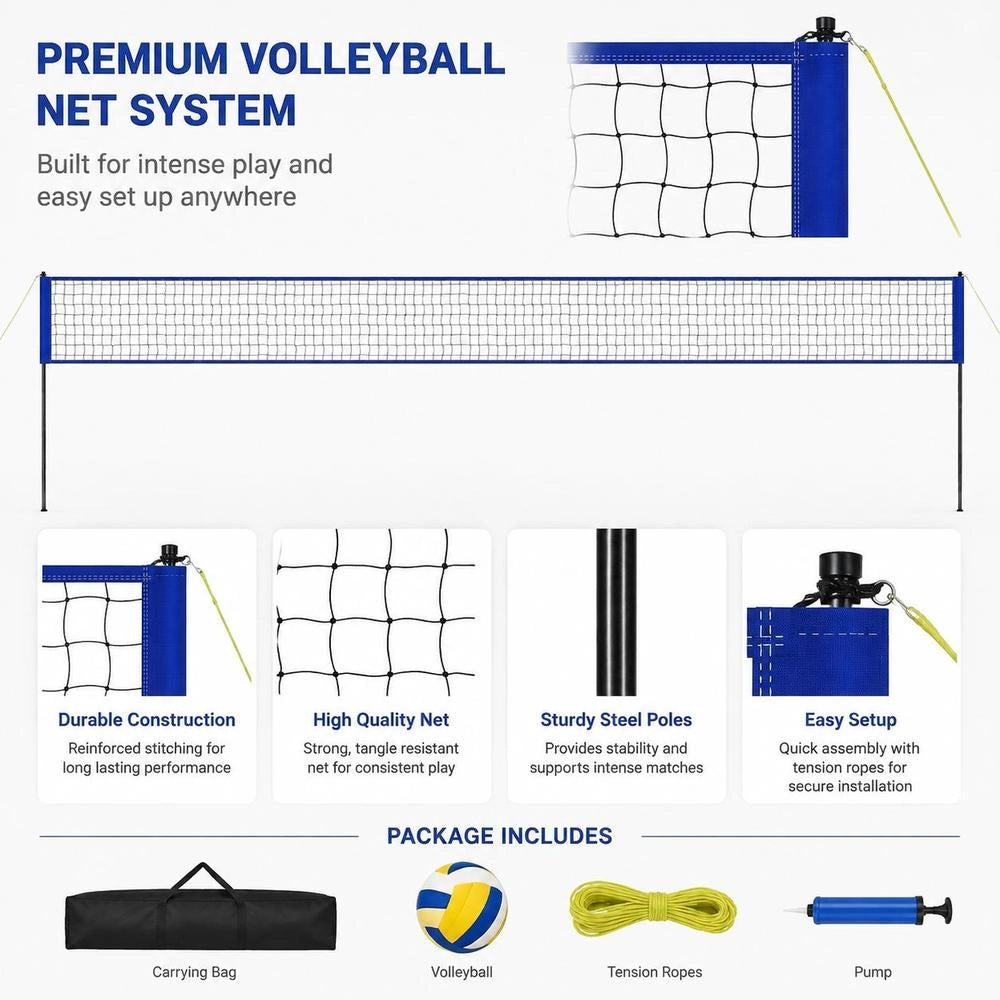 Volleyball Net Height-Adjustable Volleyball Net Set, 9.7 X 2.4 M Portable Beach Volleyball Net, Blue Volleyball Net Foldable Volleyball Net With Volleyball & Carrying Bag, For Garden, Beach
