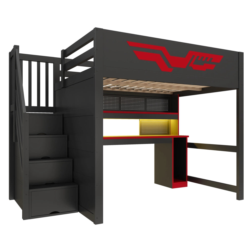 Letto a soppalco 140x200 con scrivania integrata; LED e USB; nero e rosso