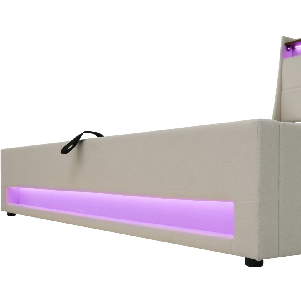 Letto imbottito 140x200 cm con LED, USB e contenitore in lino beige