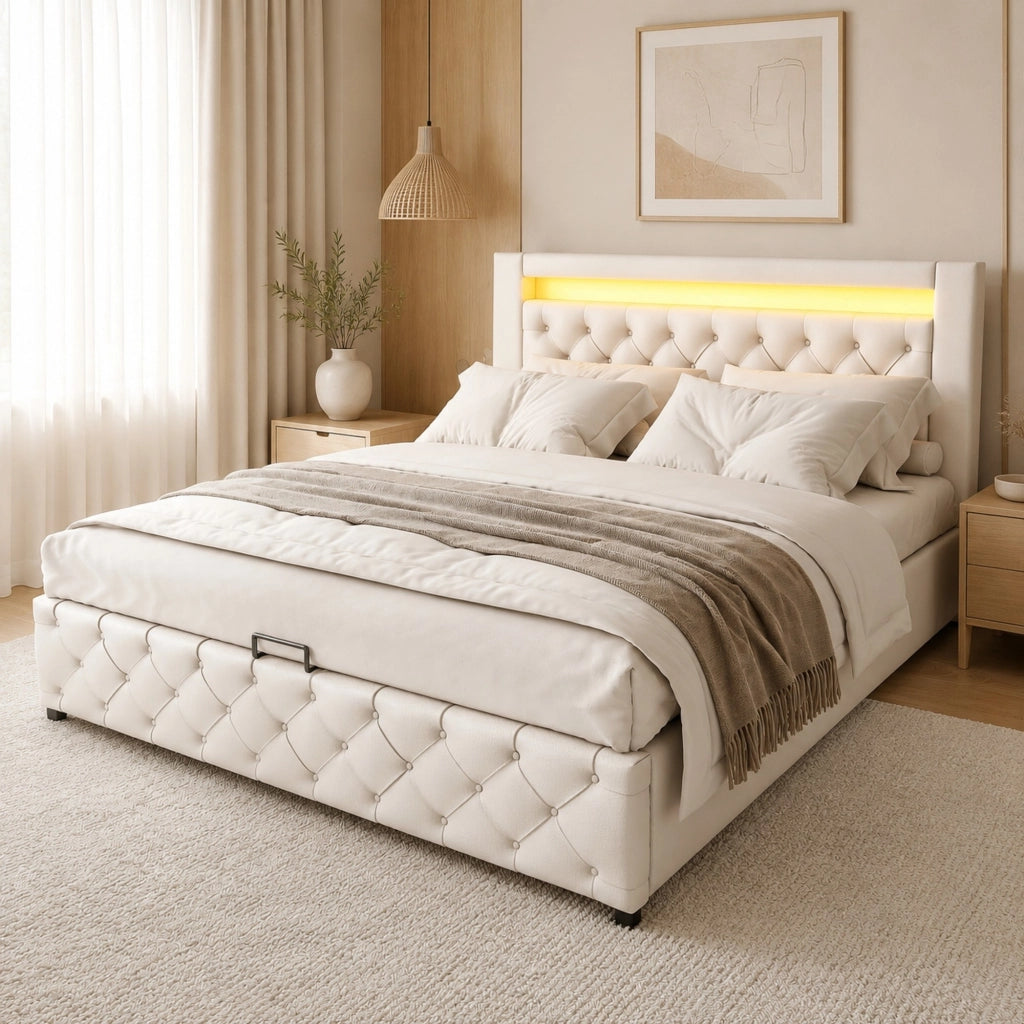 Letto imbottito 160x200 cm con contenitore, rete a doghe e LED
