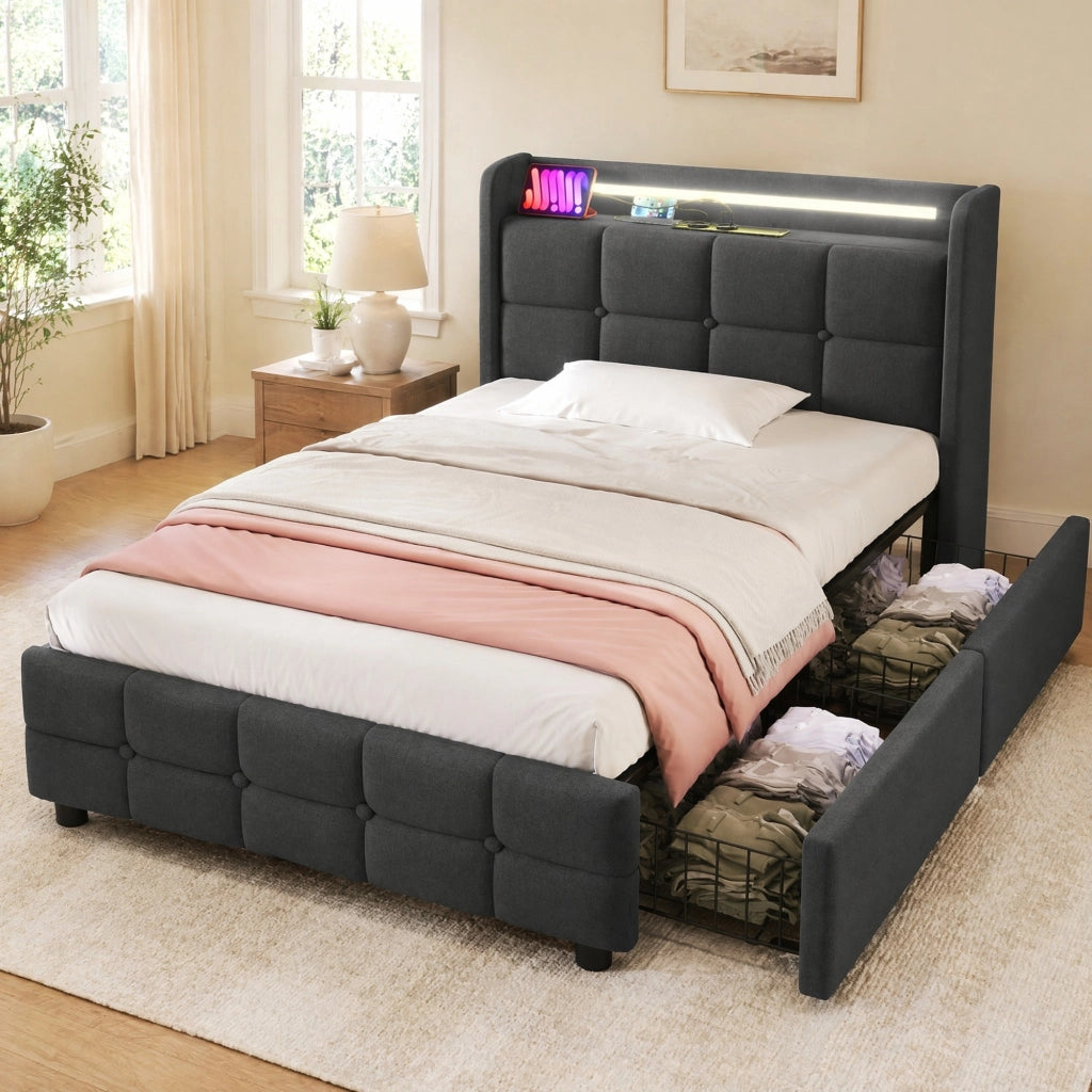 Letto singolo imbottito grigio 90 x 200 cm con LED, prese, USB e 2 cassetti