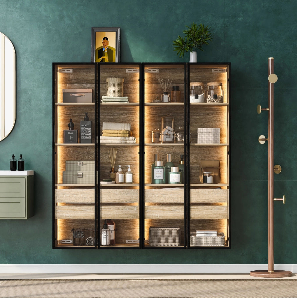 Set di 2 armadi in MDF con LED e vetro satinato naturale