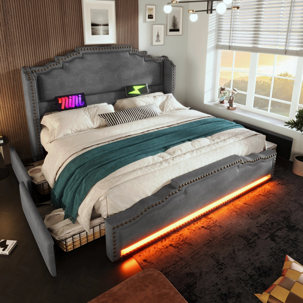 Letto 160x200 con 4 cassetti; LED e USB-C; testiera rétro con borchie; velluto grigio