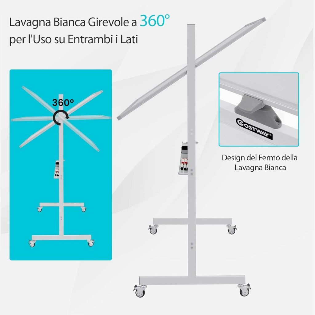 Lavagna Bianca Magnetica Doppia, Lavagna Bianca Regolabile in Altezza e Ruote Bloccabili, 6 Pennarelli, 12 Calamite e 1 Cancellino, Ideale per Casa Ufficio e Scuola, 126 x 53,5 x 160-180 cm