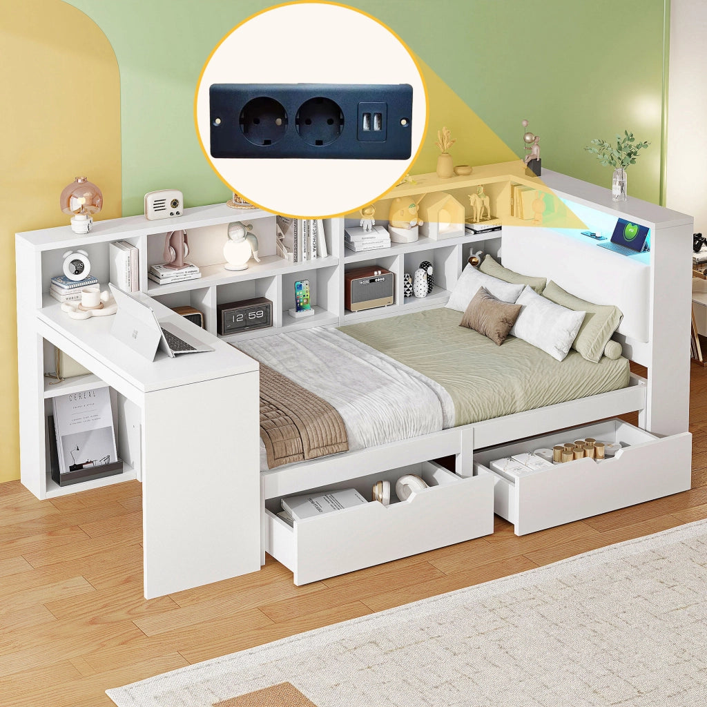Letto per bambini 90x200 cm a L con scrivania; libreria; cassetti; LED e USB; MDF e compensato bianco