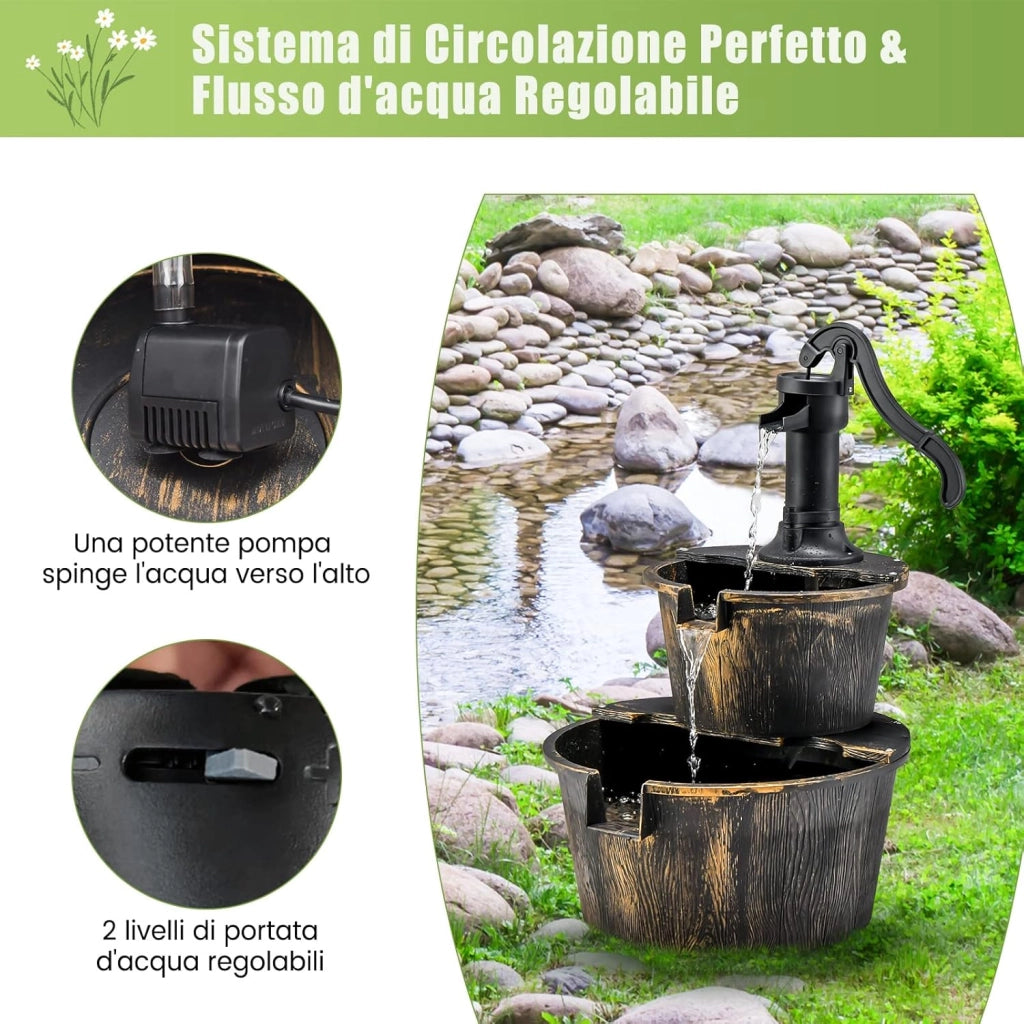 Fontana da Giardino a 2 Livelli, Fontana Rustica con Pompa Regolabile e Ricircolo di Acqua, Fontanella per Giardino Prato e Terrazza, 45,5 x 41 x 68 cm, Bronzo Antico
