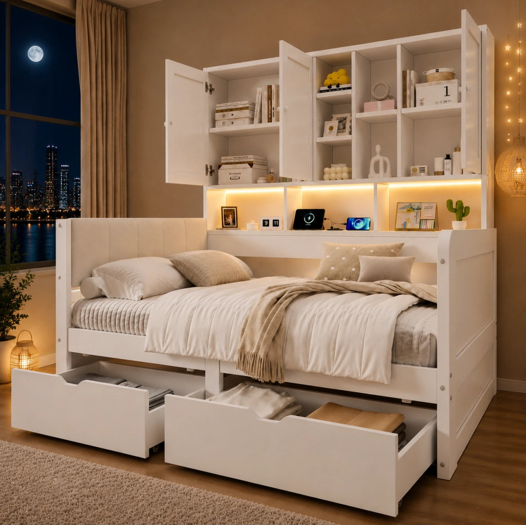 Letto contenitore 90 x 200 cm con LED; USB; USB-C; cassetti e testiera in PU bianca