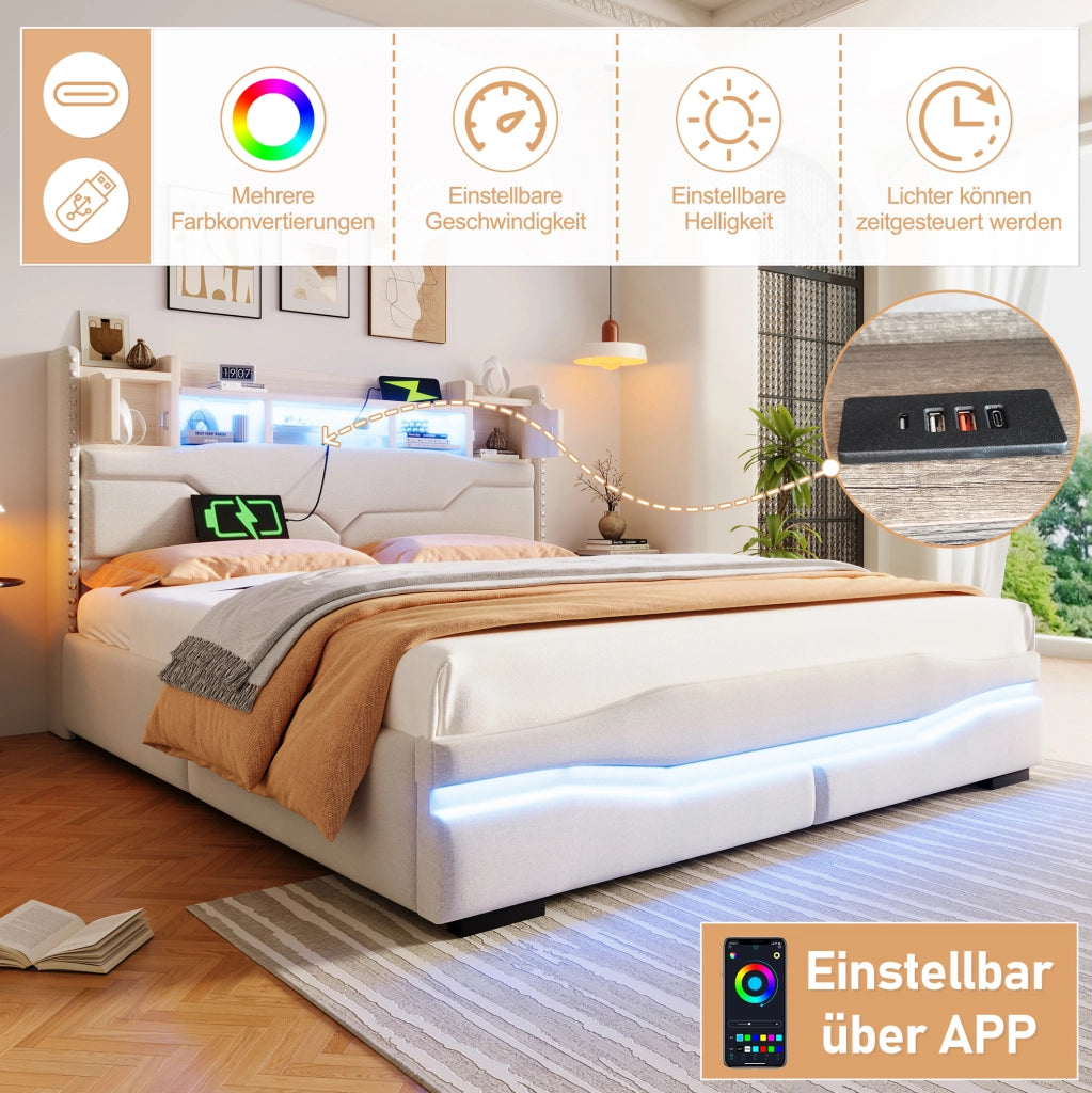 Letto imbottito 160x200 cm con contenitore idraulico, LED e porte USB, beige