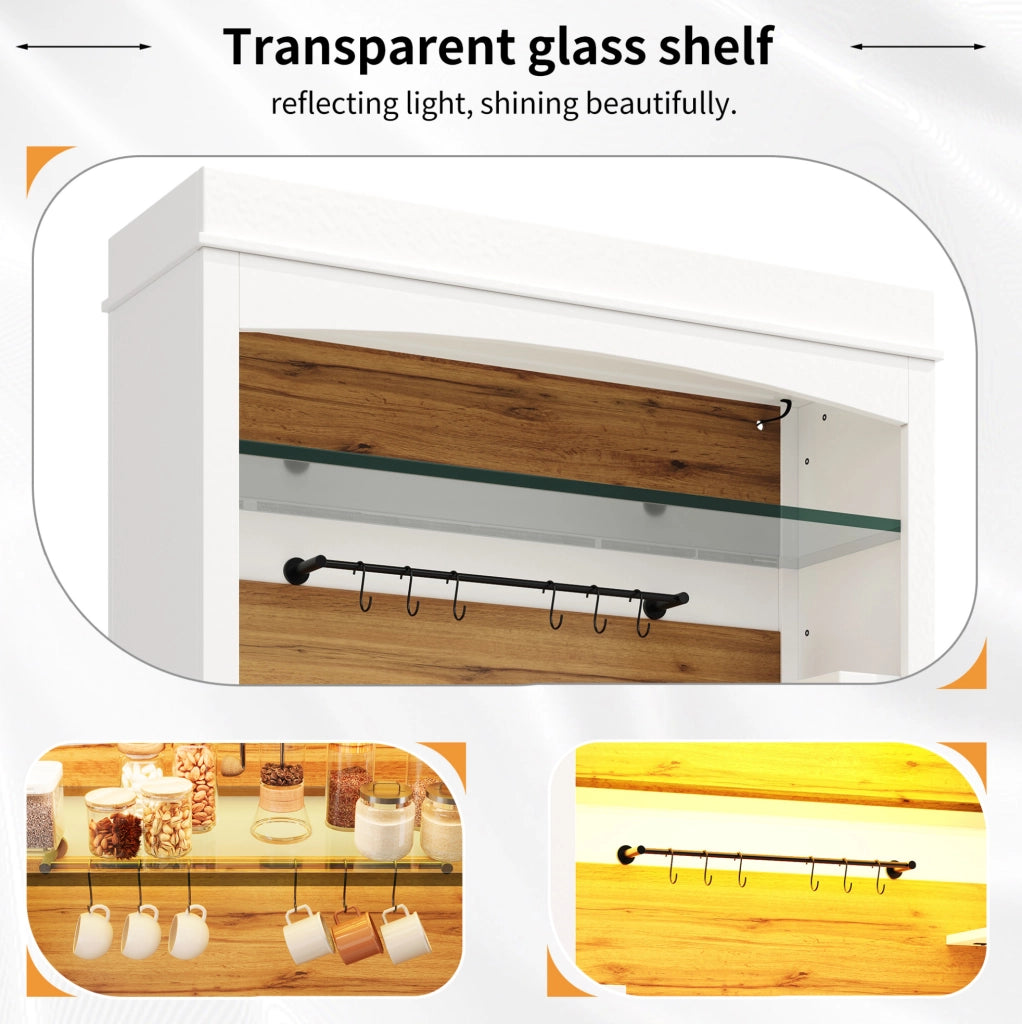 Hochschrank Weiß mit LED-Beleuchtung, Glasregal und Hakenleiste, 184 cm hoch, belastbar bis 60 kg
