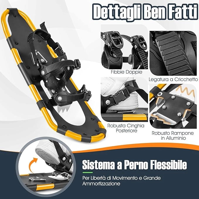 Set 4 in 1 Ciaspole da Neve 53/63/78 cm per Uomini, Donne e Ragazzi con Sistema di Fissaggio, Telaio in Alluminio, Bastoncini da Trekking, Ghette Gambe Impermeabile e Borsa