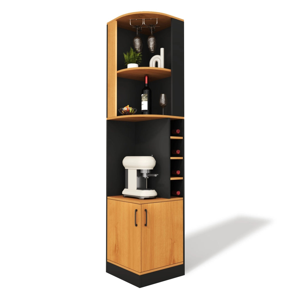 Mobile bar angolare 40x40x182 cm con portabicchieri e 4 scomparti vino in MDF nero