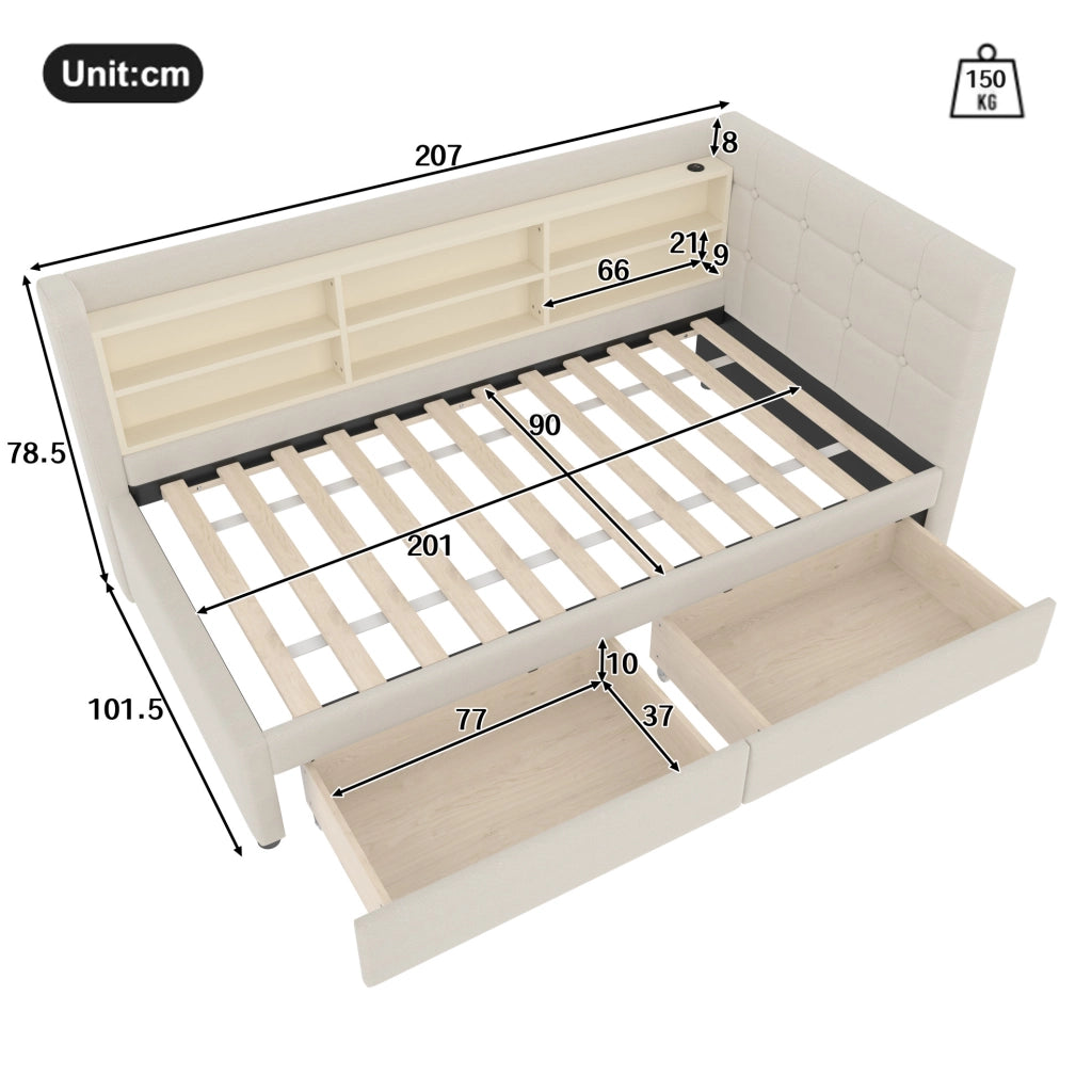 Letto singolo 90 x 200 cm beige con 2 cassetti, prese USB e USB-C