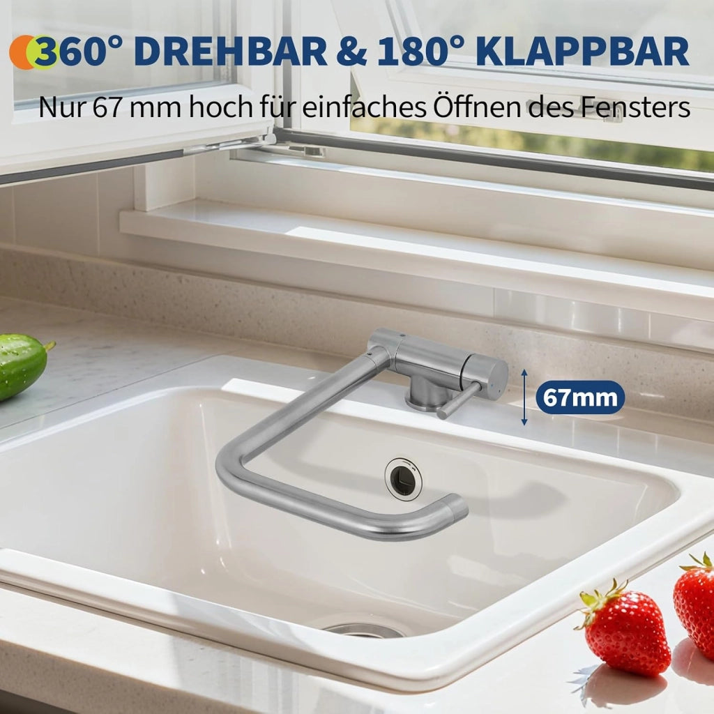 Rubinetto da cucina pieghevole in acciaio inox SUS304  C Rotazione a 360  ; finitura anti-impronta/ruggine  C Salvaspazio per cucine/camper di piccole