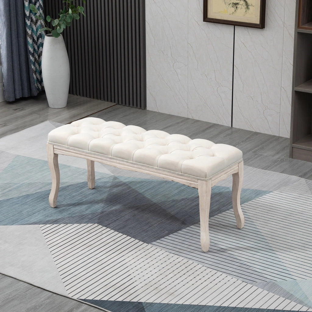 Panca Fondoletto Vintage con Seduta Imbottita in Tessuto e Gambe in Legno, 110x40x48cm, Beige