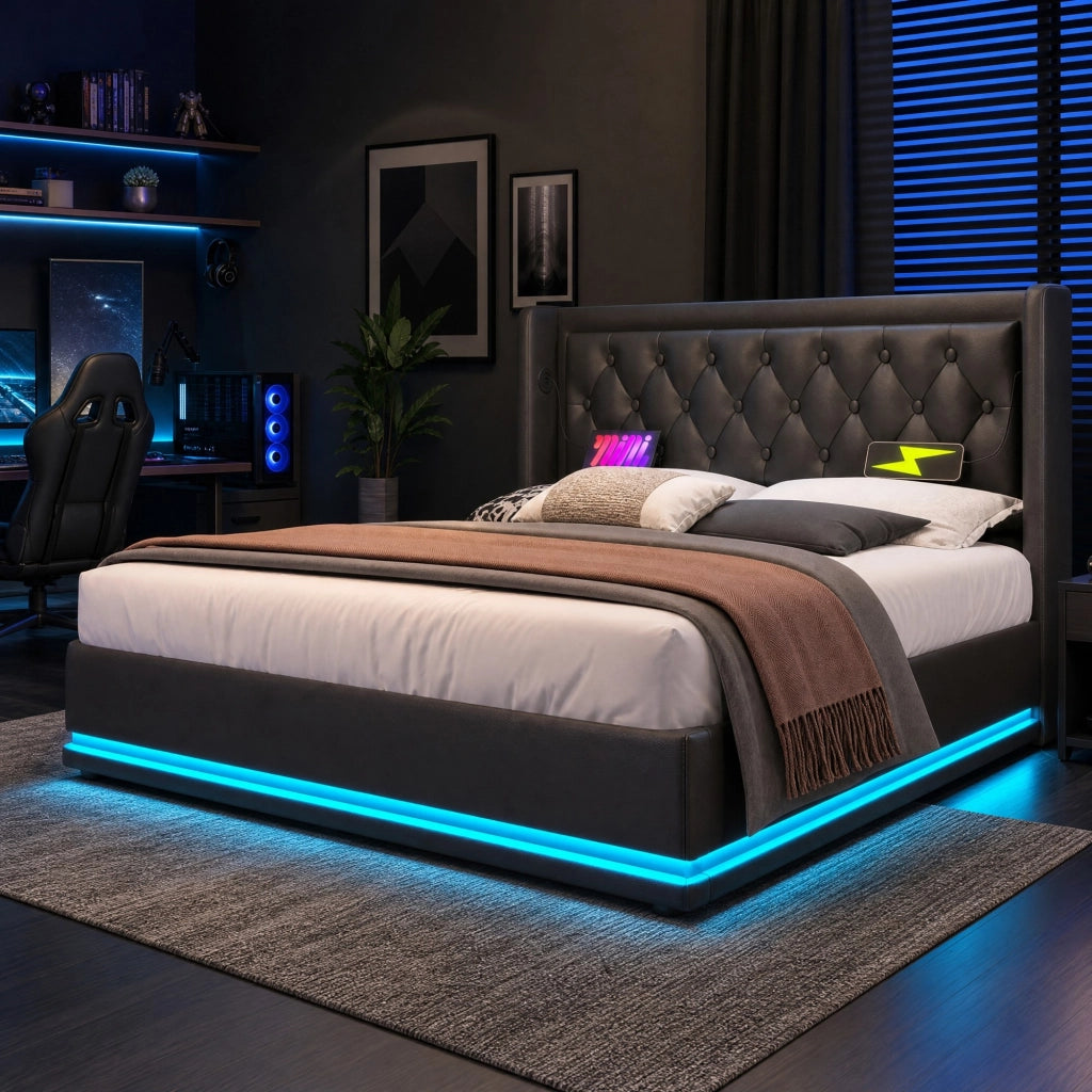 Letto matrimoniale contenitore idraulico 160 × 200 cm in PU nero con LED; USB e USB-C