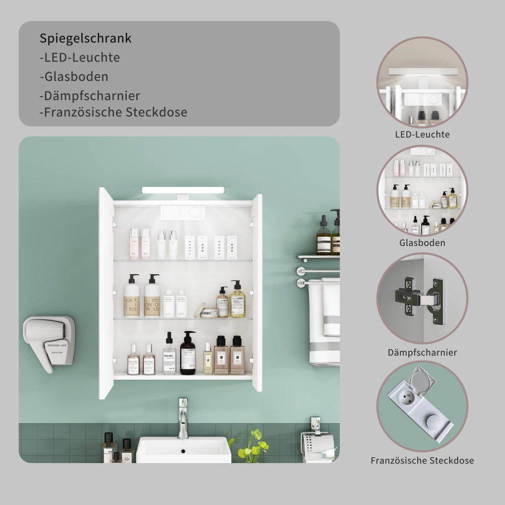 Mobiletto da bagno a parete bianco da 60 cm con specchio, ante asimmetriche, illuminazione a LED e presa elettrica, ripiani in vetro regolabili in