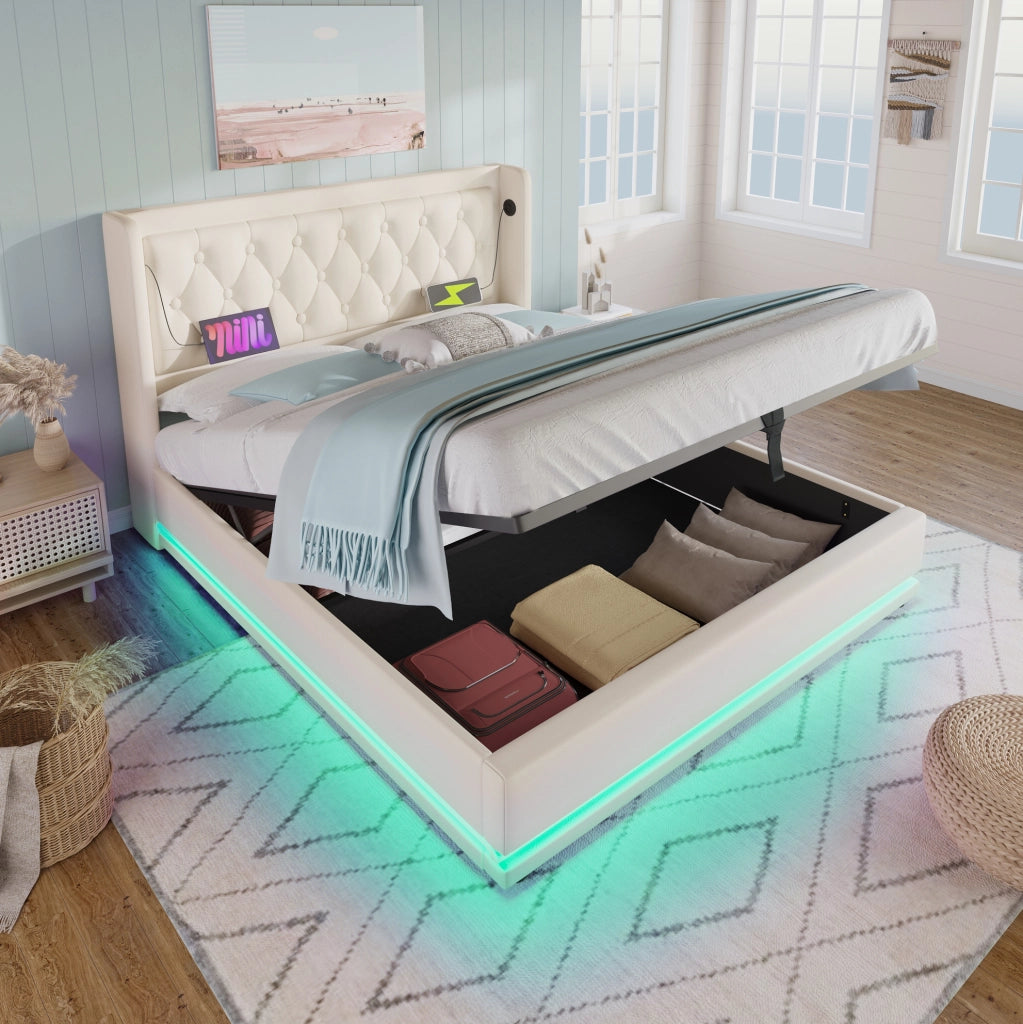 Letto matrimoniale imbottito 160 × 200 cm con contenitore idraulico; LED; USB e USB-C; PU bianco
