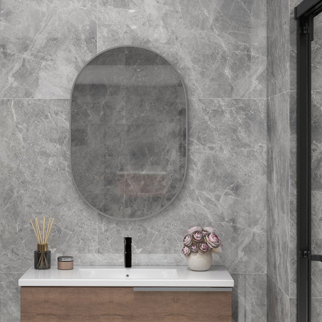 Specchio da Bagno Ovale con Cornice in Alluminio ¨C Minimal ¨C Argento 60x90 cm