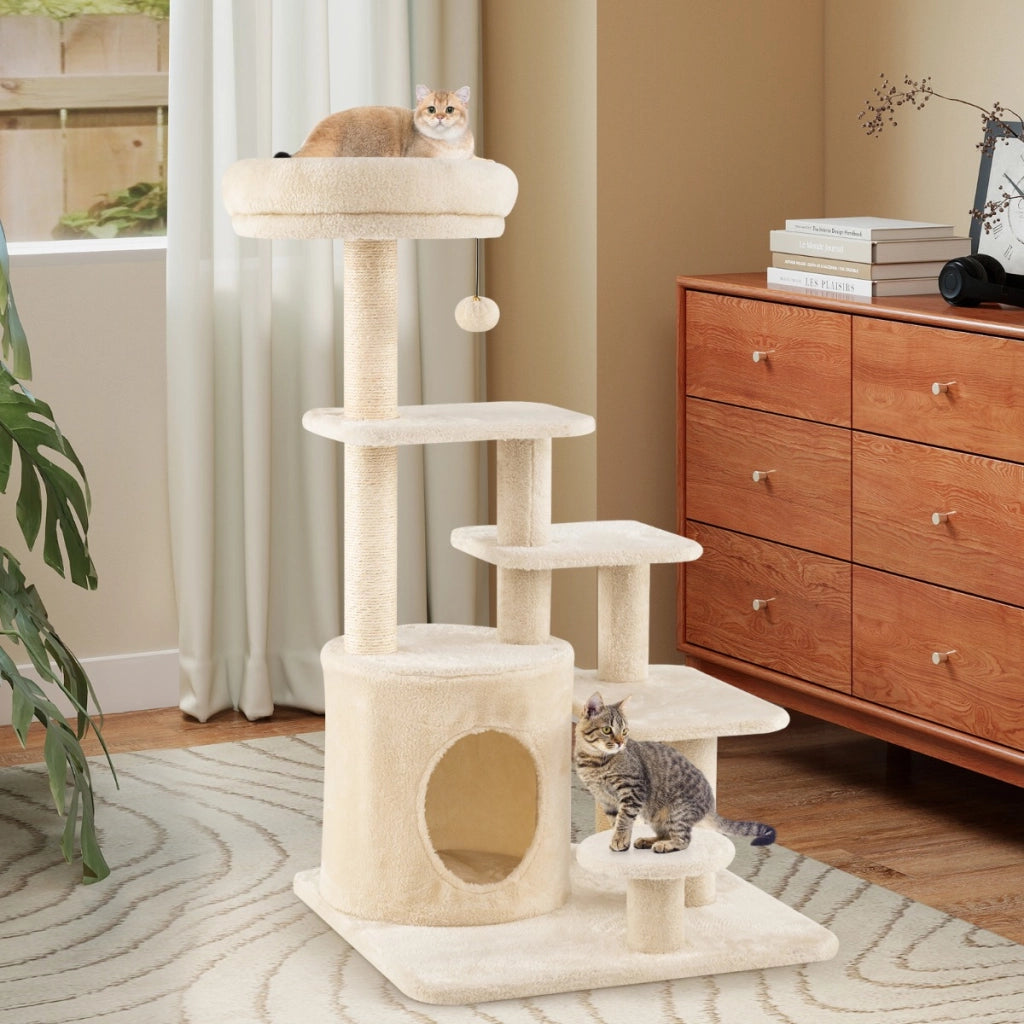 Albero per gatti per saltare con posatoio pallina con campanellino pendente, Albero per gatti adulti da 102 cm Beige-Alberi Tiragraffi