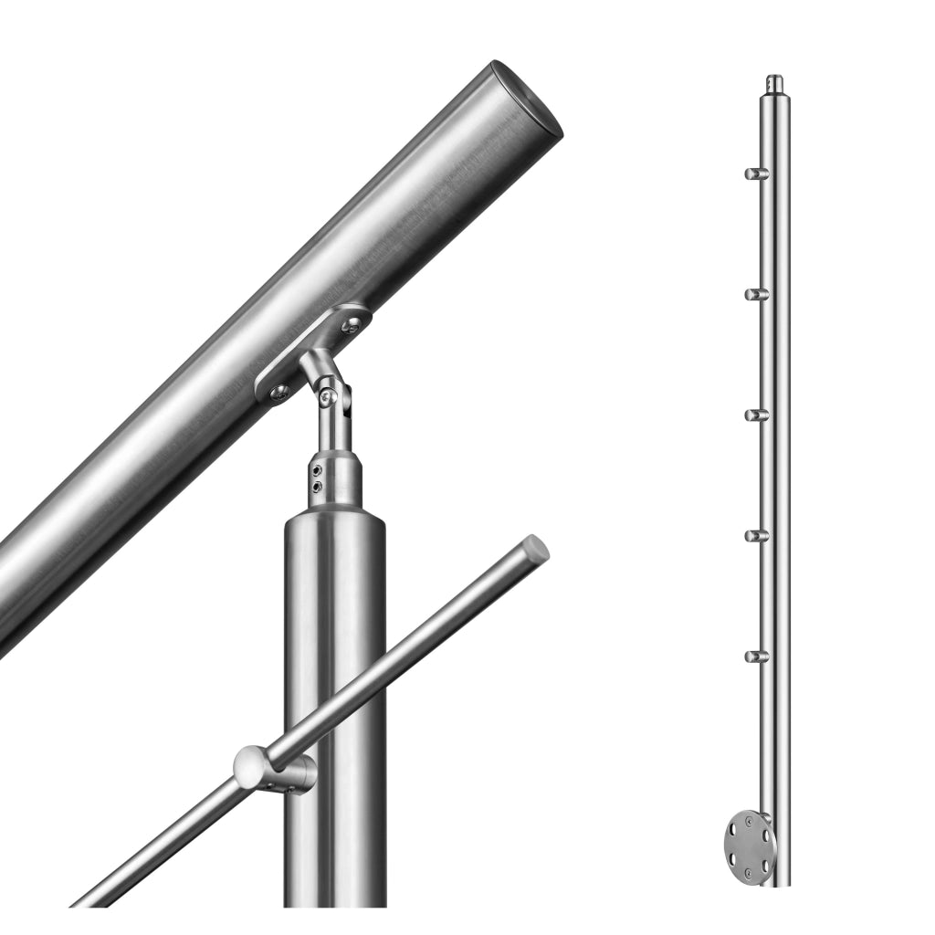 Ringhiera Balaustra Corrimano in acciaio inox 304 spazzolato per scale 200 cm, 5 barre trasversali, fissaggio laterale, per interni ed esterni