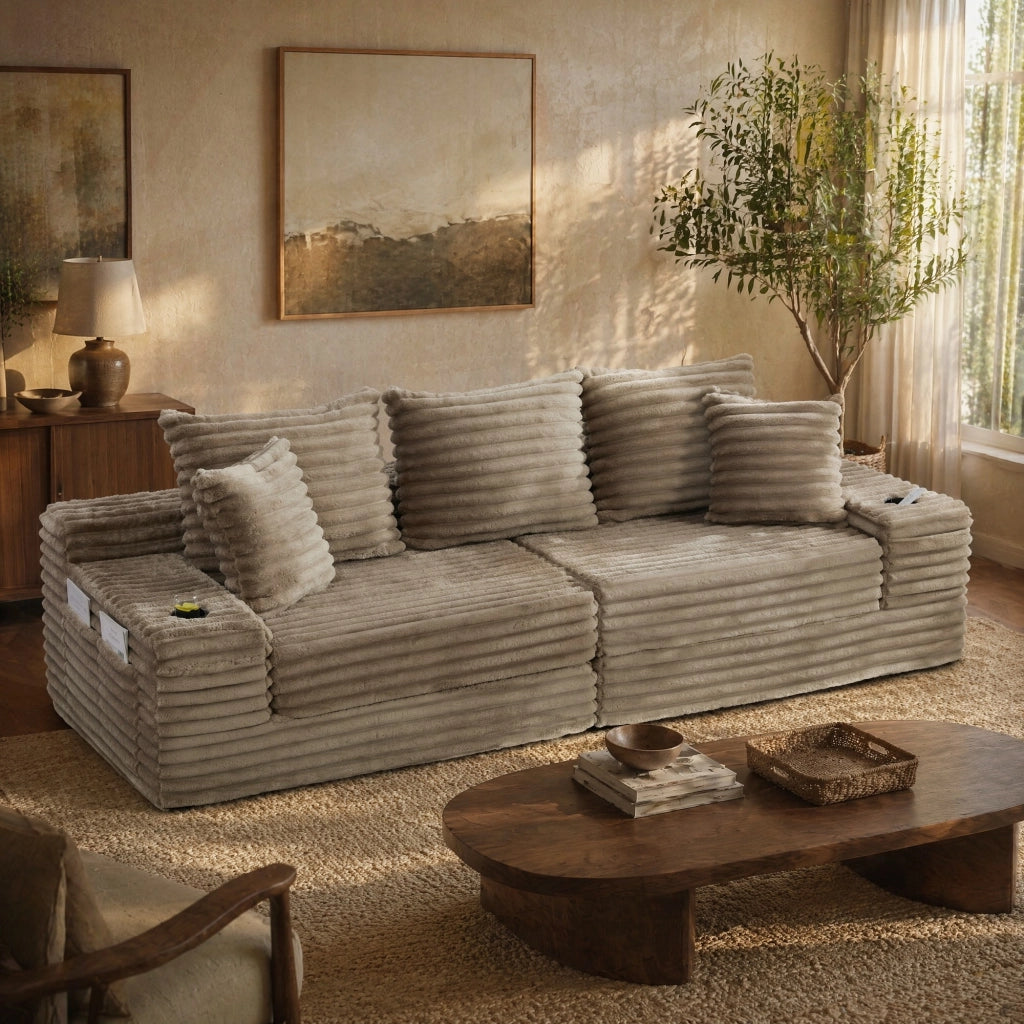 Divano letto modulare 273x98 cm con schienale alto; tasche e portabevande; velluto a coste kaki
