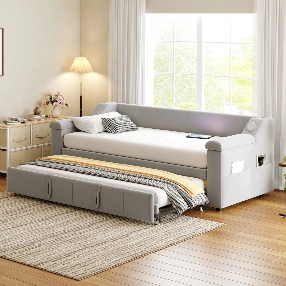 Letto Imbottito con Rete a Doghe e Bluetooth ¨C MINIMAL ¨C Velluto Grigio Chiaro 90x190 / 180x190