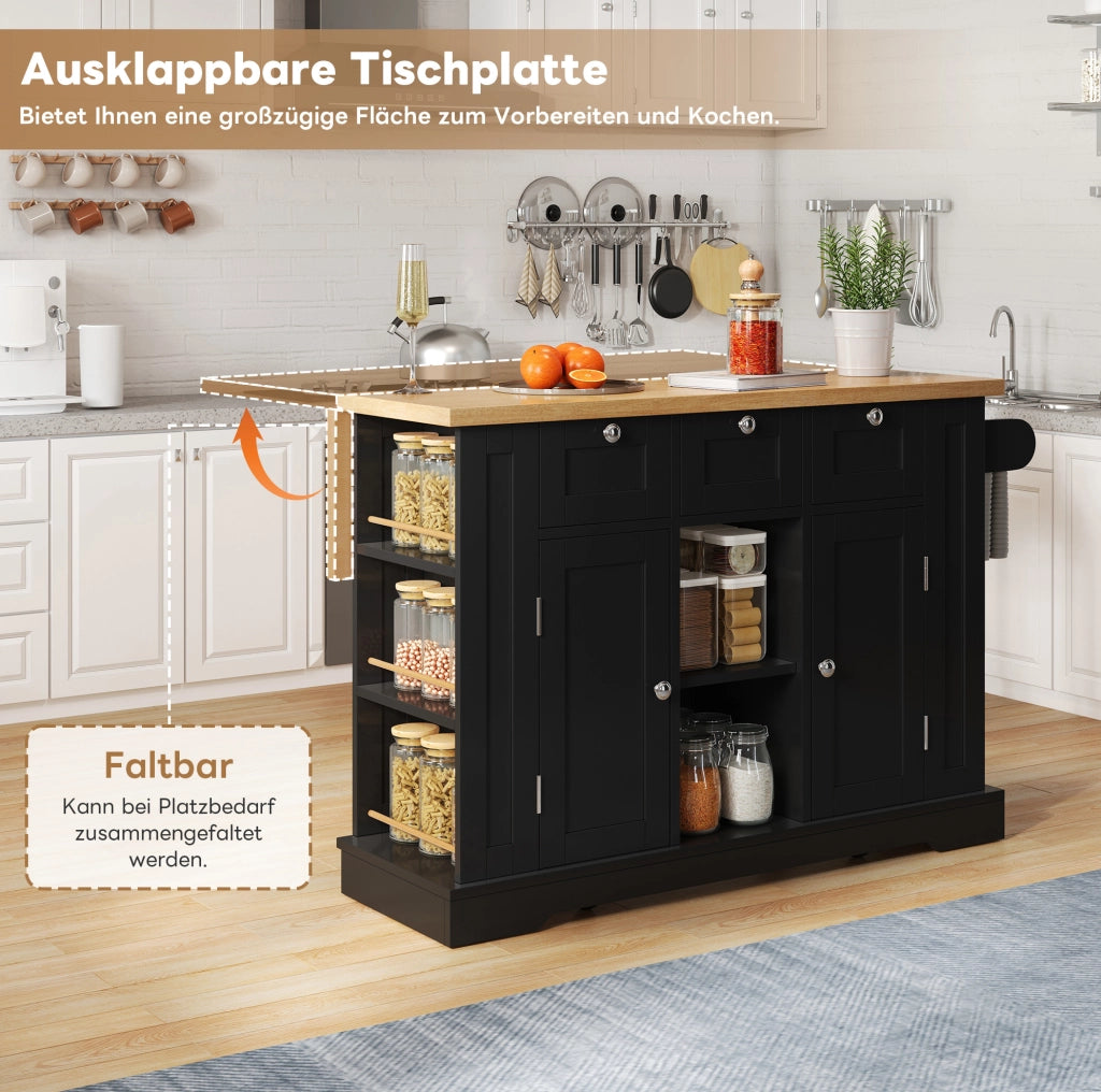 ISOLA DA CUCINA 132x40(70)x87 cm MDF Naturale e Nero con ruote e presa USB
