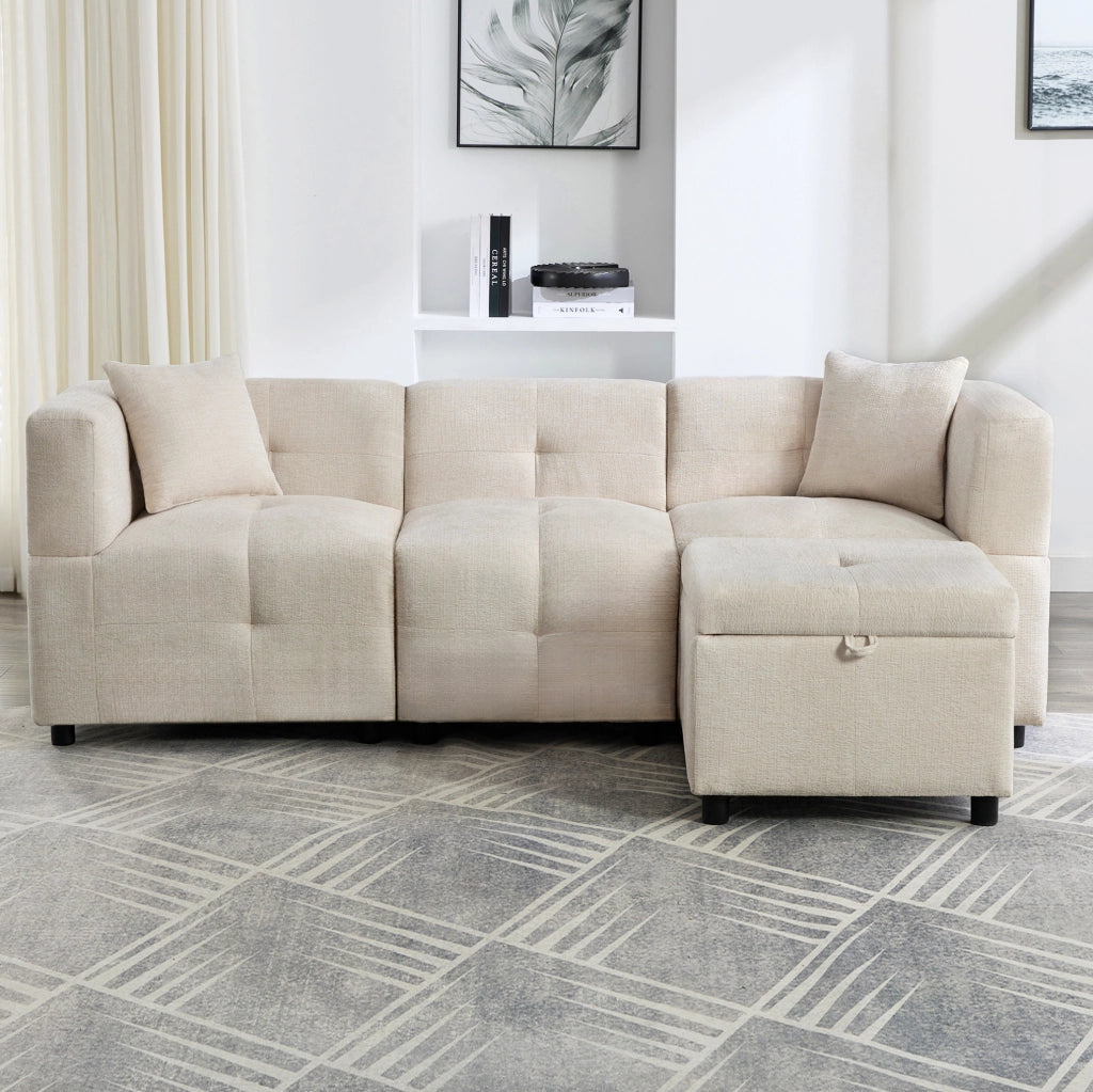 Divano modulare 3 posti in ciniglia beige con pouf contenitore e 2 cuscini HOMVRA