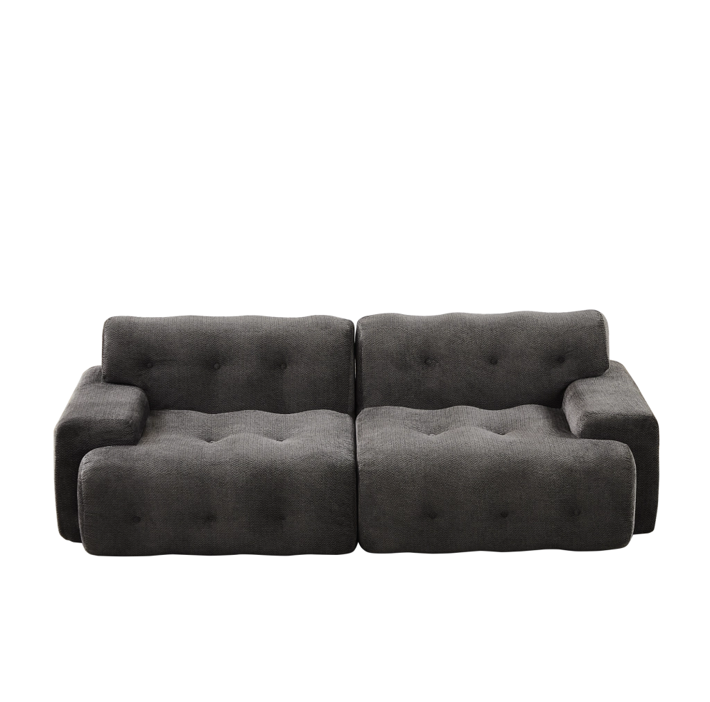 Divano Cloud a due posti in tessuto chenille grigio con braccioli larghi e cuscini imbottiti, 224x104x66 cm