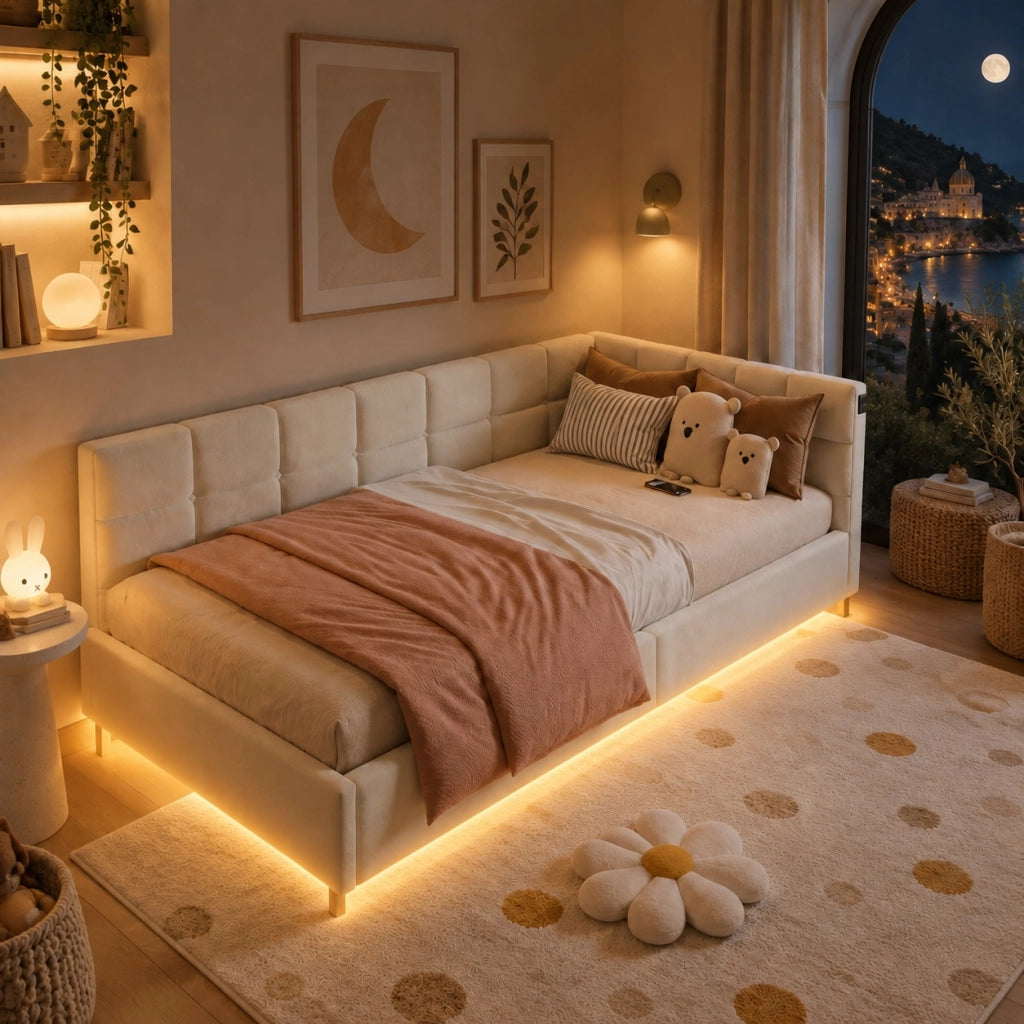 Divano letto singolo 90x200 con luce LED;Letto singolo Angolare con contenitore idraulico;letto imbottito con testiera;letto con rete a doghe;Velluto