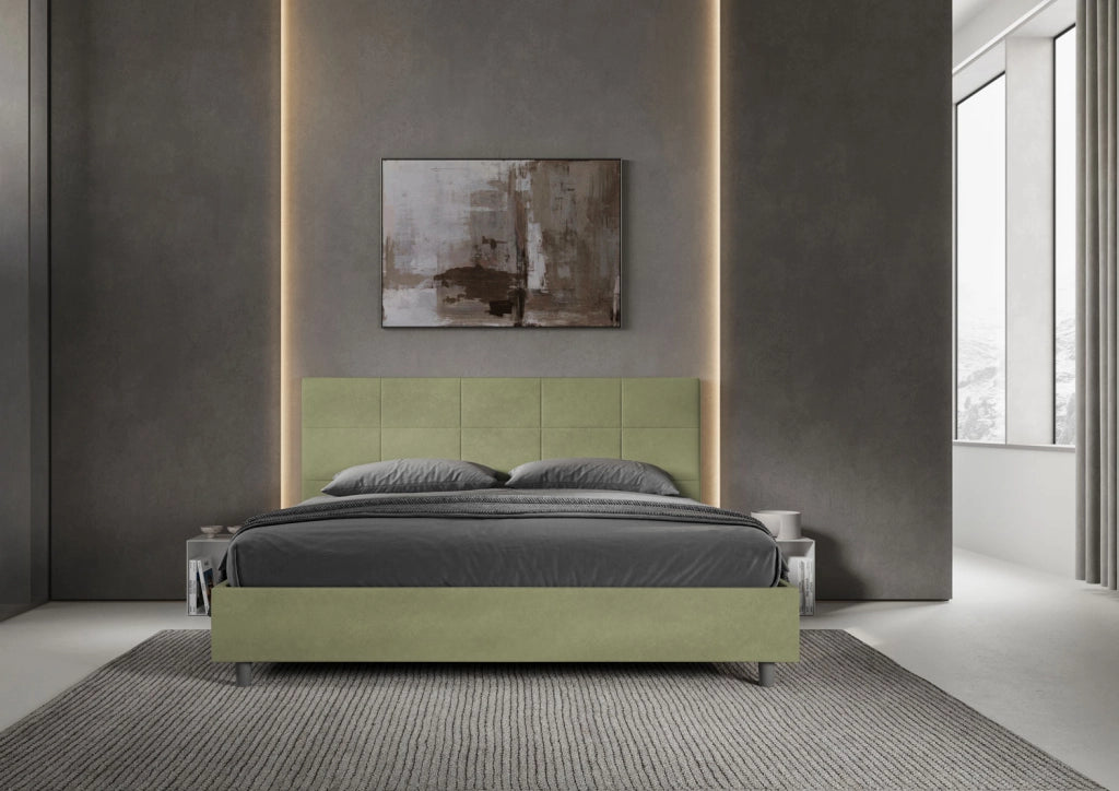 BS COM Letto matrimoniale king size con rete imbottito 180x190 microfibra tè verde
