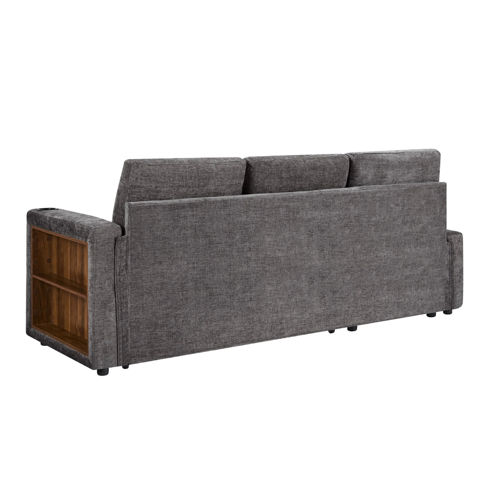 Divano letto 3 posti estraibile con récamiere contenitore portabicchieri tasche laterali in ciniglia grigio 201.3 × 126.1 × 86.1 cm