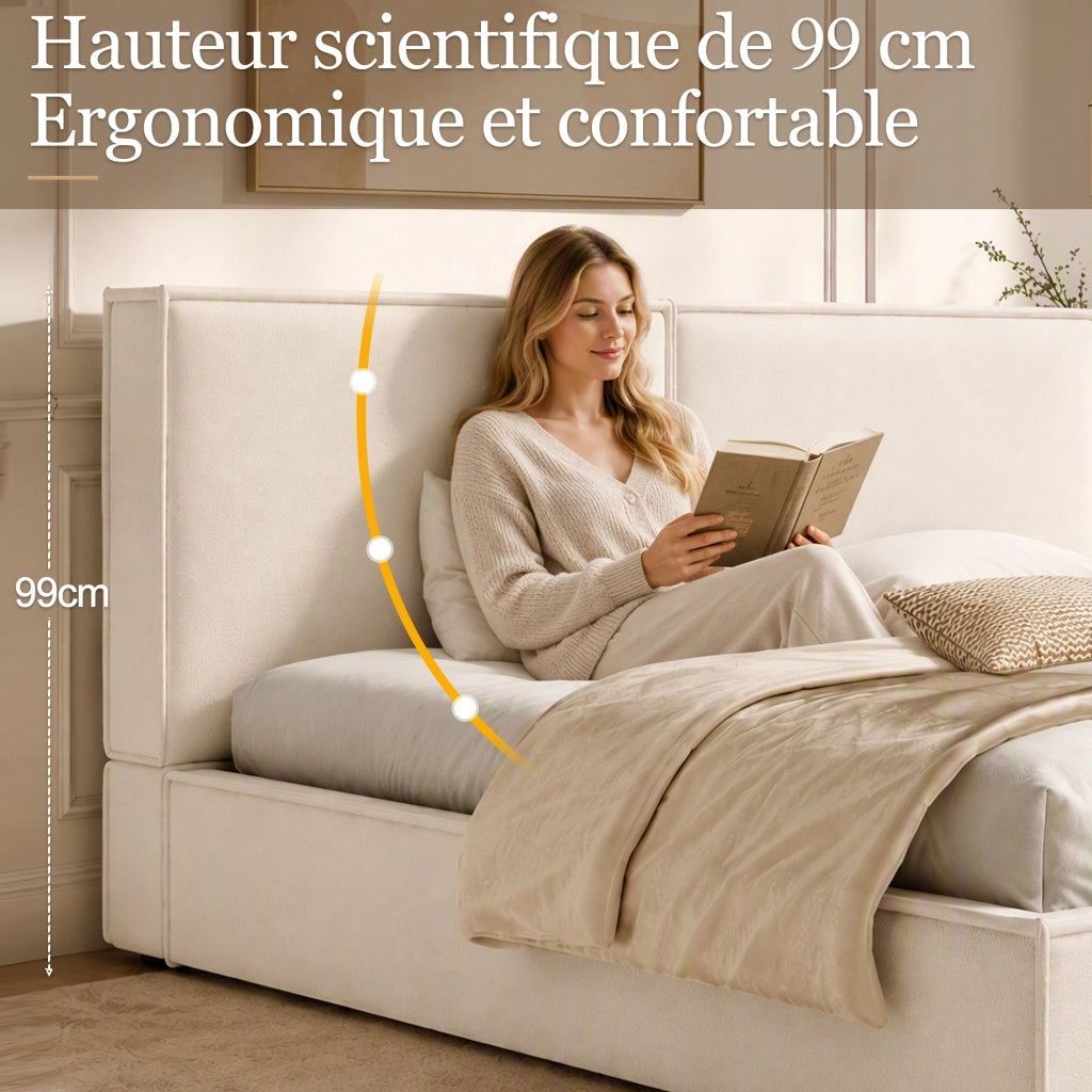 Letto matrimoniale contenitore 180 x 200 cm in lino beige, imbottito idraulico con rete a doghe, contenitore di contenitore spazioso