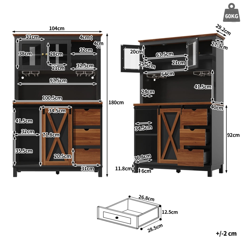 ARMADIO DISPENSA Alto 104x40x180 cm Nero Vetro e MDF con LED