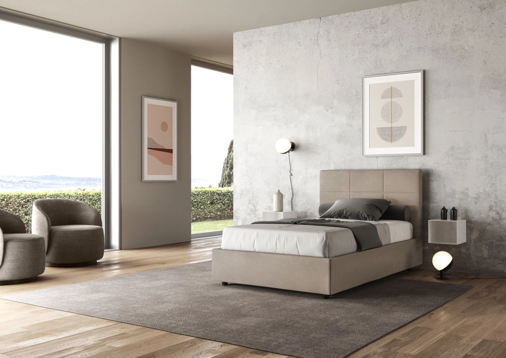 BS COM Letto una piazza e mezza contenitore imbottito 120x190 microfibra sabbia