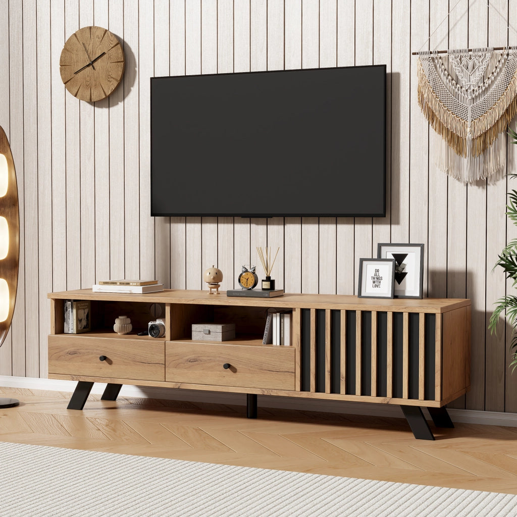 Mobile porta TV con 2 cassetti, 1 armadietto e 2 vani aperti in truciolare legno naturale e nero 150 × 38 × 44 cm