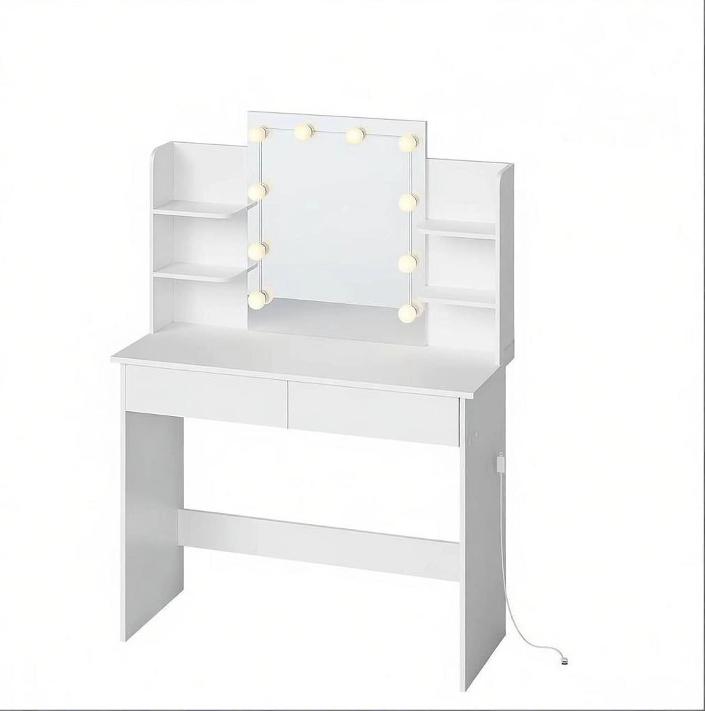 Toeletta con specchio LED 90 x 40 x 135 cm; 2 cassetti; legno massello e plastica; bianca