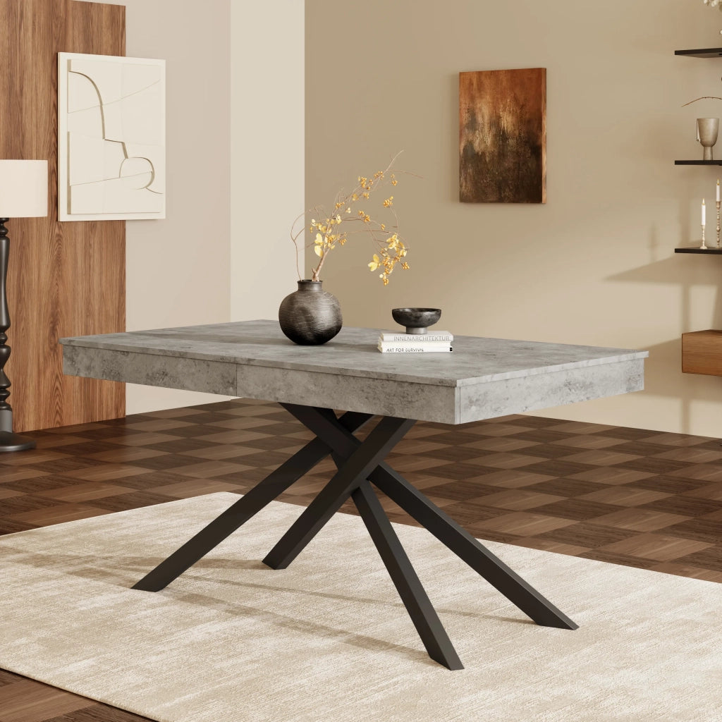Tavolo da pranzo allungabile grigio 140/180x80 cm, stile semplice, piano spesso e gambe in metallo, per 6-8 persone, forma rettangolare, per cucina e soggiorno