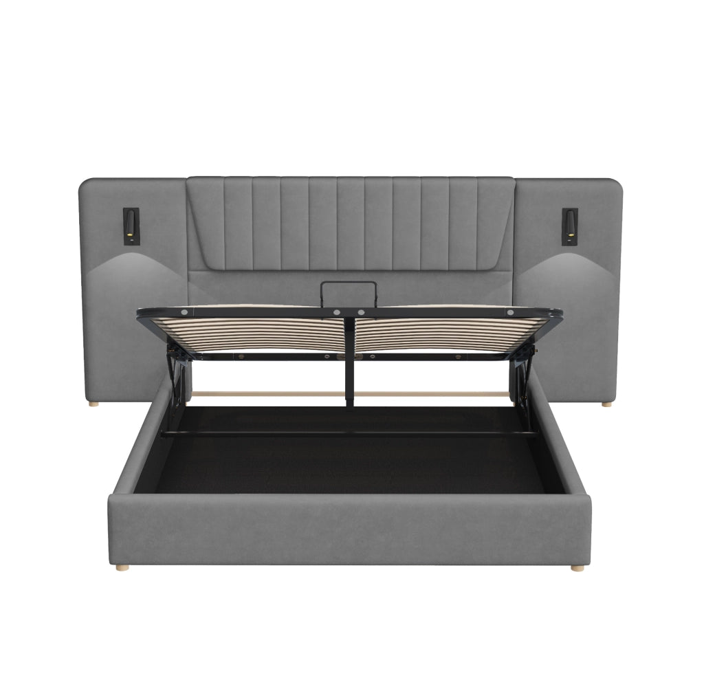 Letto matrimoniale imbottito 180x200 cm con schienale extra lungo, lampada da lettura orientabile e porta USB, spazio contenitore idraulico, tessuto in velluto grigio