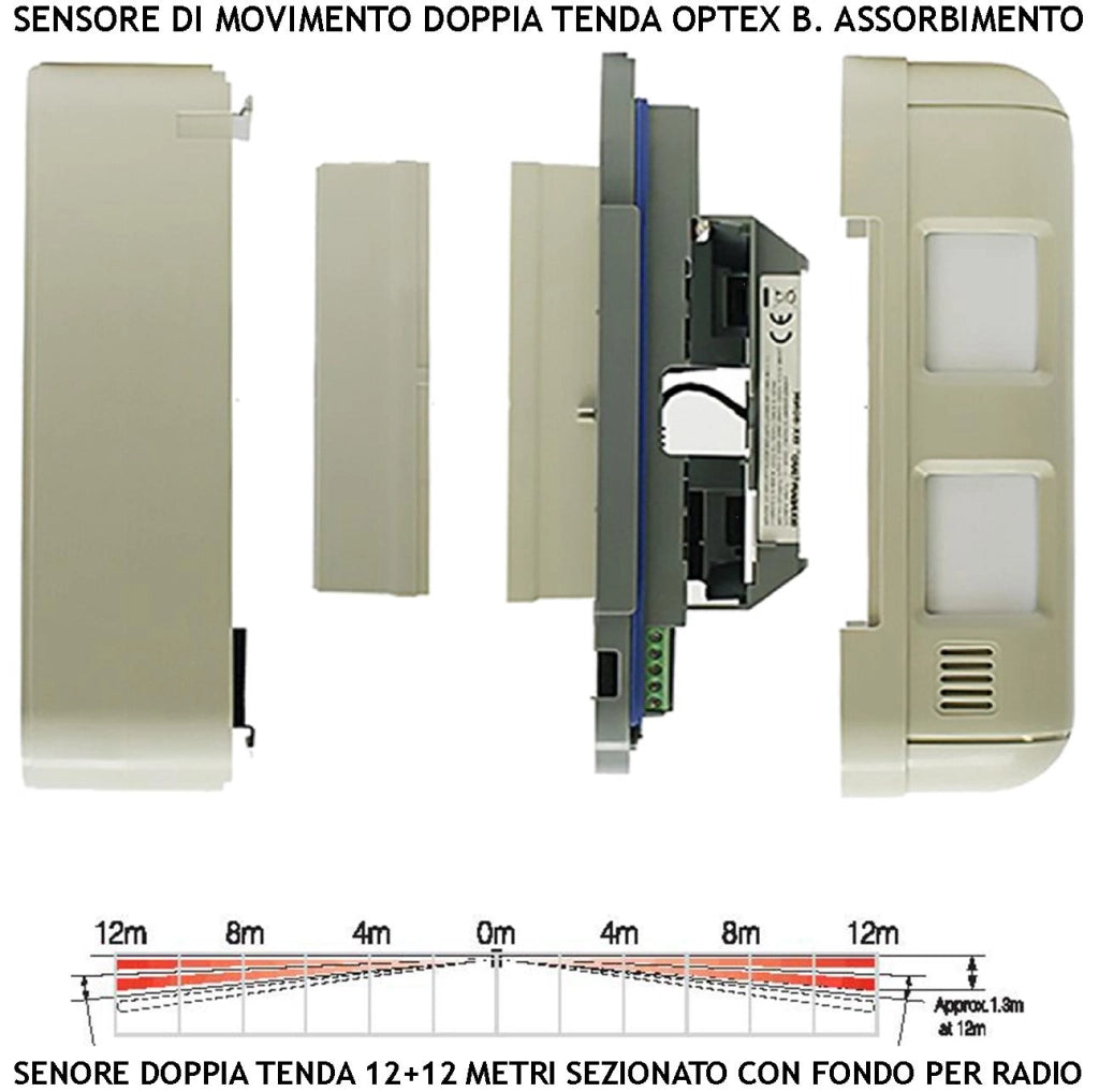 Sensore Doppio Infrarosso a Tenda da Esterno 3 Pezzi Rileva Movimento 12+12 Metri Lineari IP55 Ricetrasmissione Frequenza 868 MHz Codice UNISAT Protezione Ponteggi Impalcature Pareti Porticati