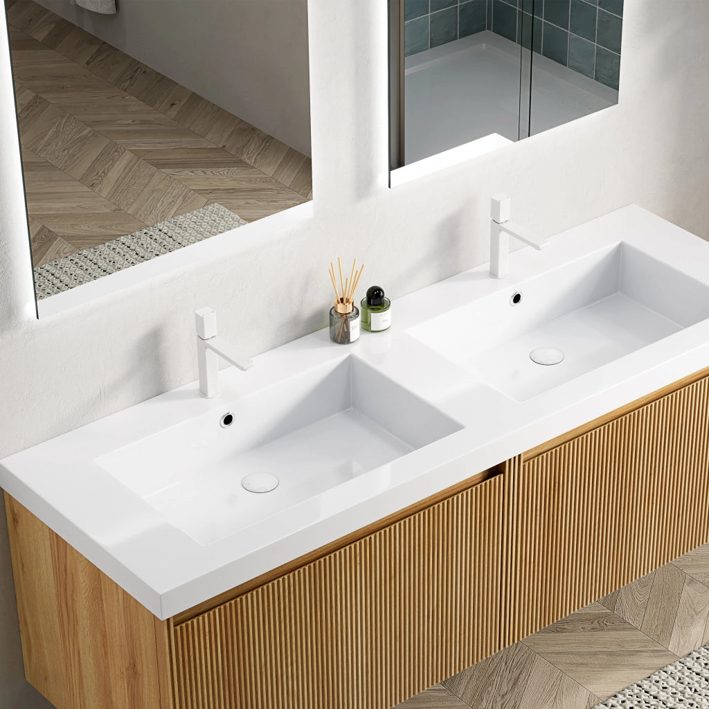 Lavabo doppio GREA 140 cm bianco, senza mobile sottolavabo, senza rubinetto e scarico