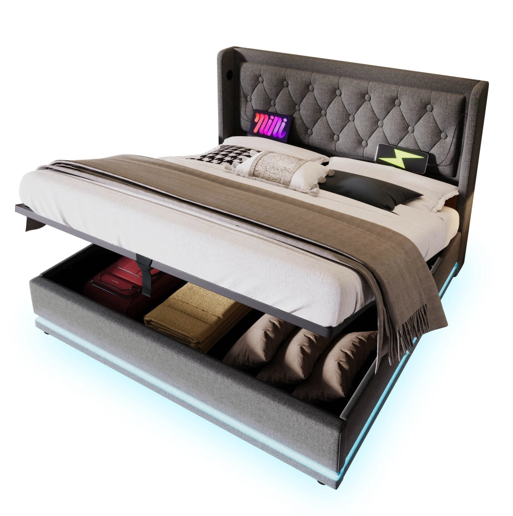 Letto matrimoniale imbottito 180 × 200 cm con contenitore idraulico; LED; USB e Type-C; cotone grigio