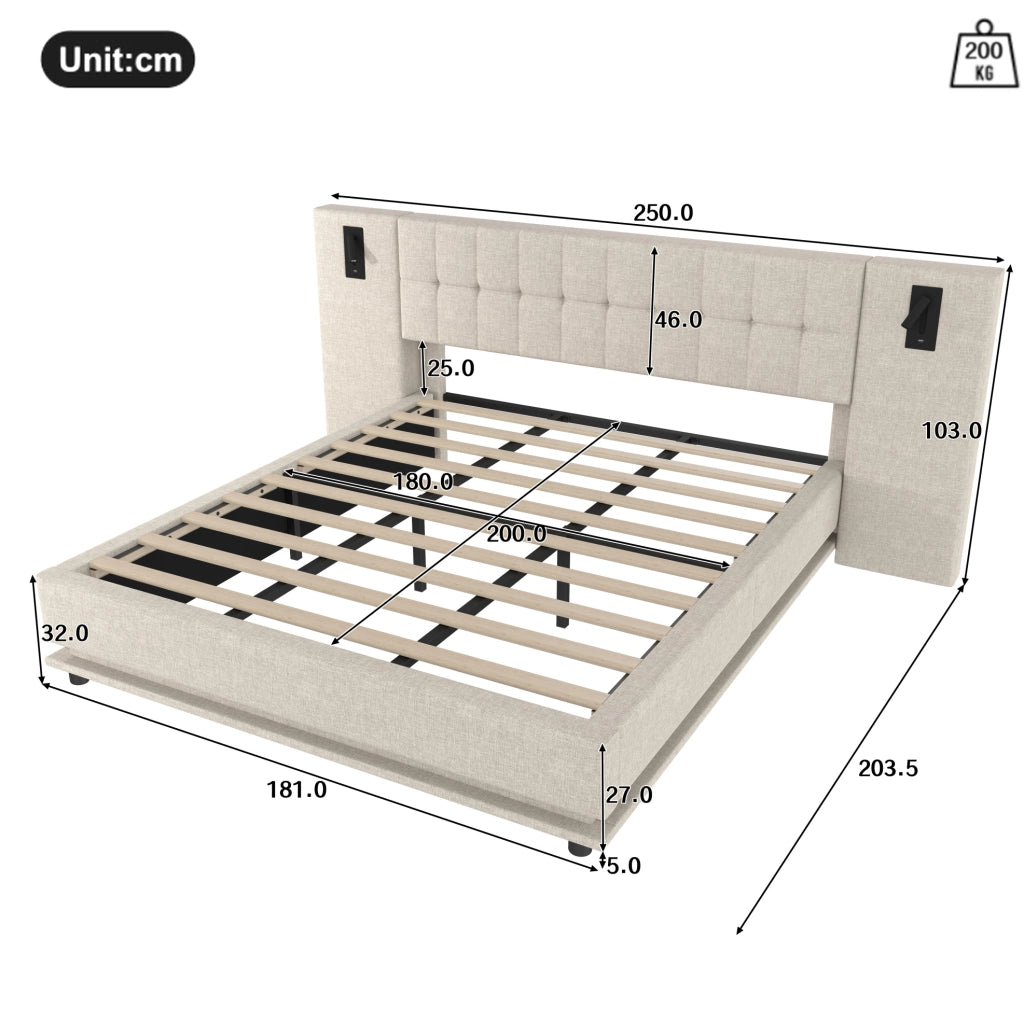 Letto imbottito 180x200 cm beige in lino con LED, luce da lettura e USB