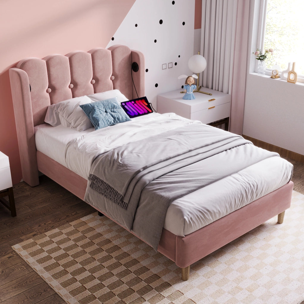 Letto singolo imbottito rosa 90x200 cm con USB e USB-C