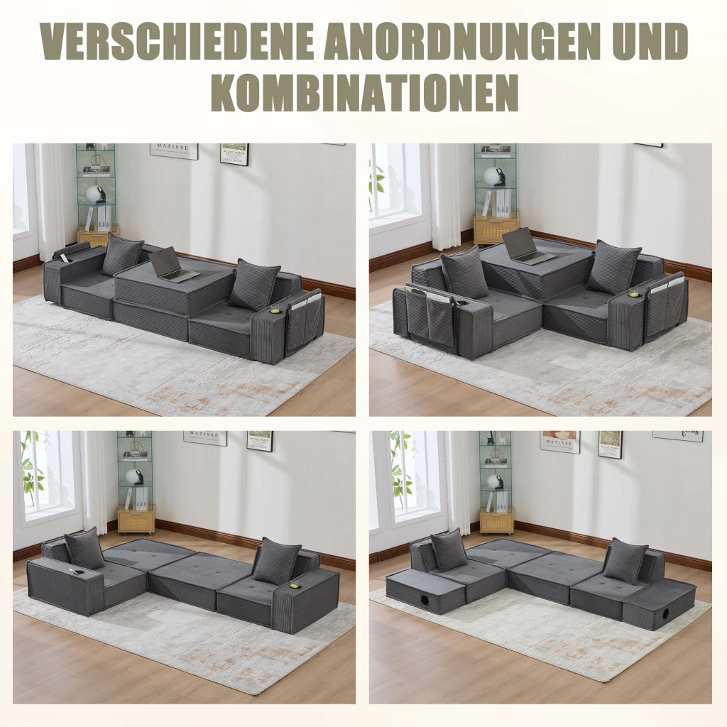 Divano a 2 posti modulare in velluto a coste grigio scuro con tasche laterali e 2 cuscini 162 × 78 × 66 cm