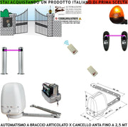 Automazione Cancello Kit Motore a Braccio Articolato 220/24 V Anta da 0,5 a 2,5 MT Centrale 2 Radiocomandi Faro Selettore 2 Paline 2 Fotocellule